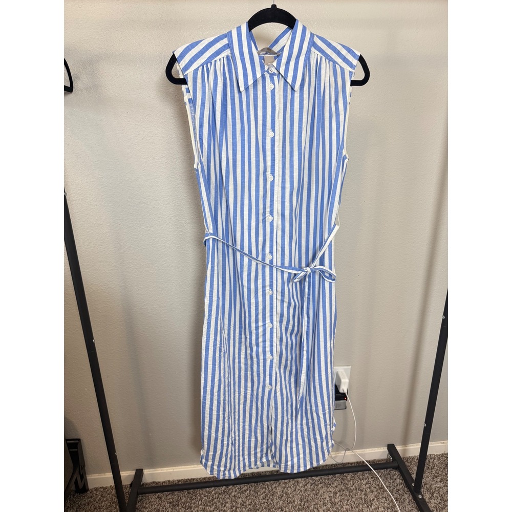 HM Blue‎ White Striped Linen Blend Sleeveless Midi Shirt Dress XS Belted